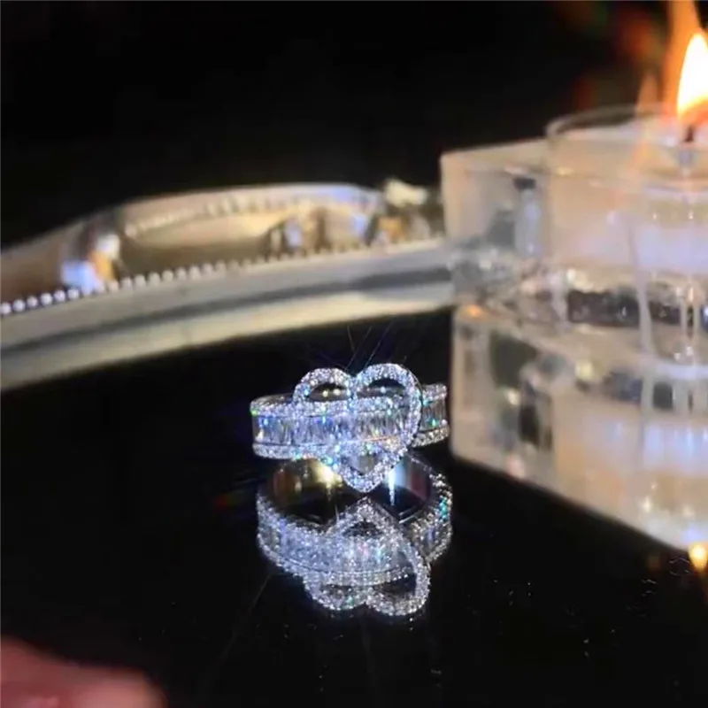 Luxury Female Small Heart Adjustable Open Ring Vintage Engagement Wedding Jewelry For Women