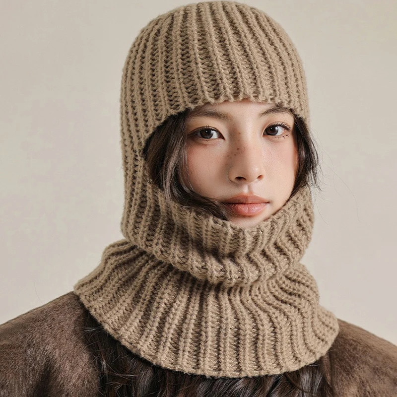 2 In 1 Mask Pullover Cap for Women Winter Warm Woolen Knit Headgear Bonnet Full Face Shield Balaclava Hat Hooded Beanies