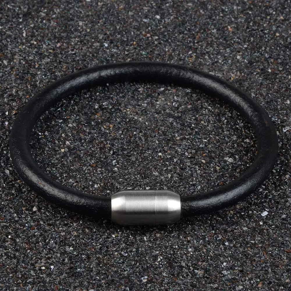 Smooth Genuine Leather Bracelet Stainless Steel Magnetic Clasp Handmade Men Black Bracelets Bangles For Men