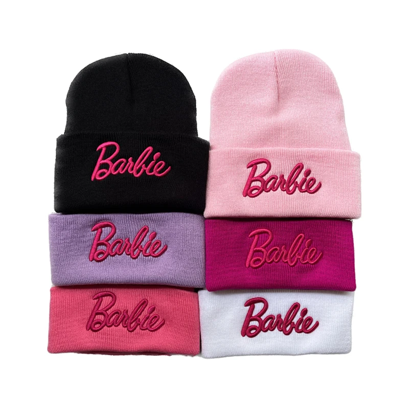 

Pink Barbie Embroidery Knitted Hat Fashion LMacaron Color Men Women Street Dopamine Cartoon Anime Kawaii Pullover Cold Hats Caps