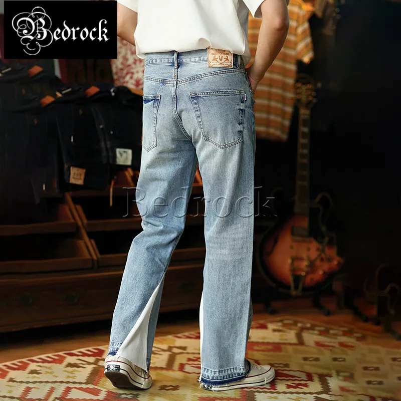 MBBCAR bell-bottoms for men blue 14oz one wash selvedge denim jeans wear out split joint personality special flare pants 7494