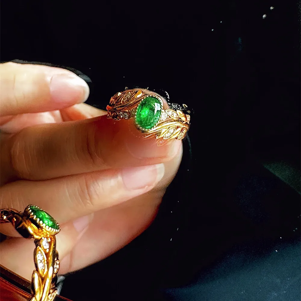 UBESTNICE Classic Real 18K Solid Yellow Gold Jewelry Au750 Wheat Ear Natural Diamonds Vivid Green Emerald Rings for Women Gift 5