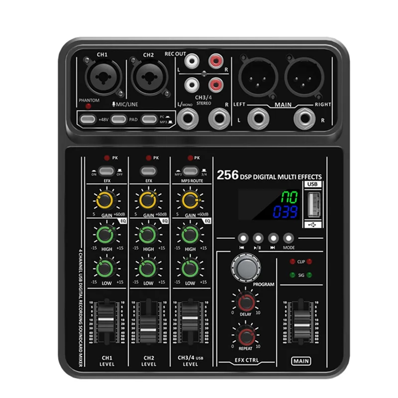 A32T-4 채널 오디오 믹서 DJ 콘솔 USB 스튜디오 사운드 믹서 48V 팬텀 파워 블루투스 (노래방용)