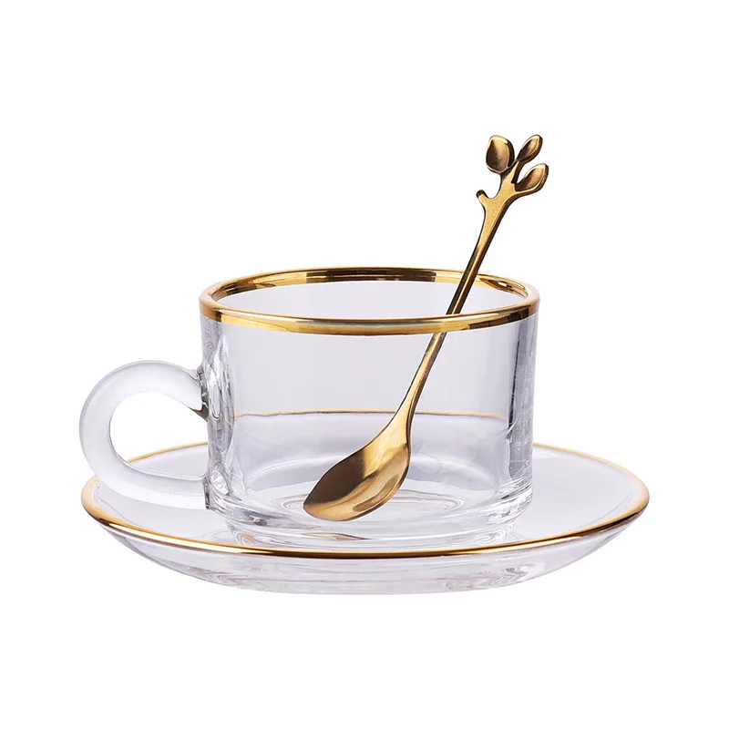 

Delicate Golden Edge Glass Coffee Cups Lover Couple Heat Resistant Glass Teacup 1 Saucer 1 Mug Set Advanced for Afternoon Tea