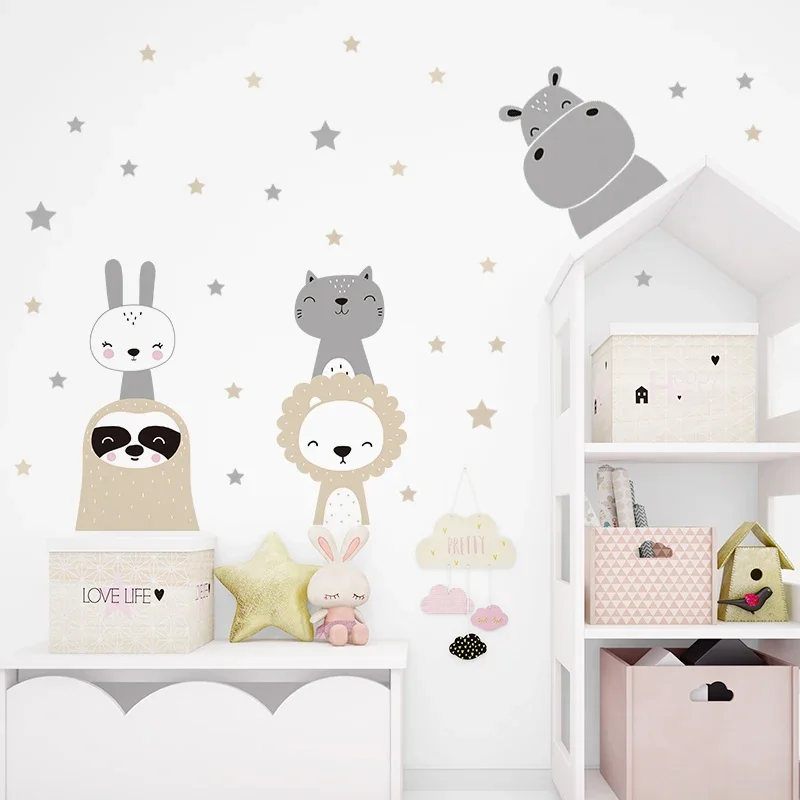 Cartoon Cute Lion Bunny Forest Animals Stars Wall Stickers Bear Deer Wall Decals for Kids Room Baby Nursery Room Bedroom Murals wall stickers
