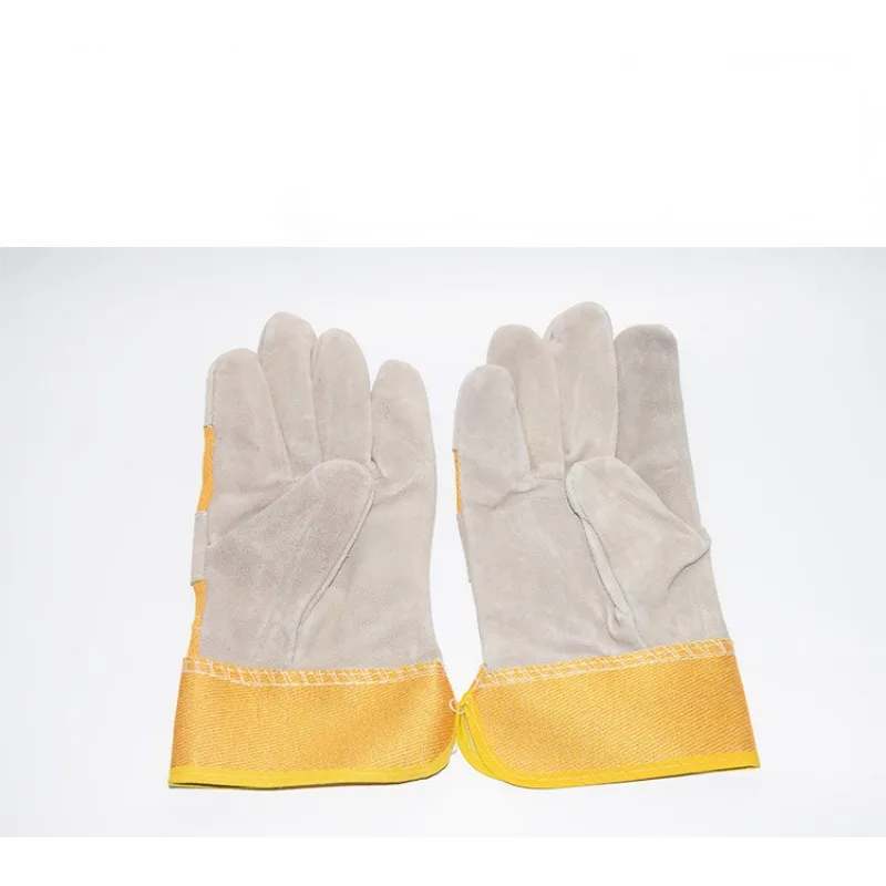 Welding gloves yellow cloth two-layer cowhide short welding gloves half leather labor protection welding gloves leather gloves 6