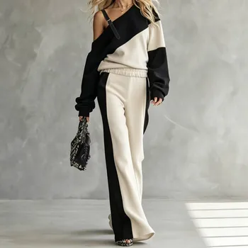 Women's Fall 2 Piece Set Retro Colorant Match Skew Collar Sweatshirt+High Waist Pant Suits Women's Wide Leg Pants Street Wear