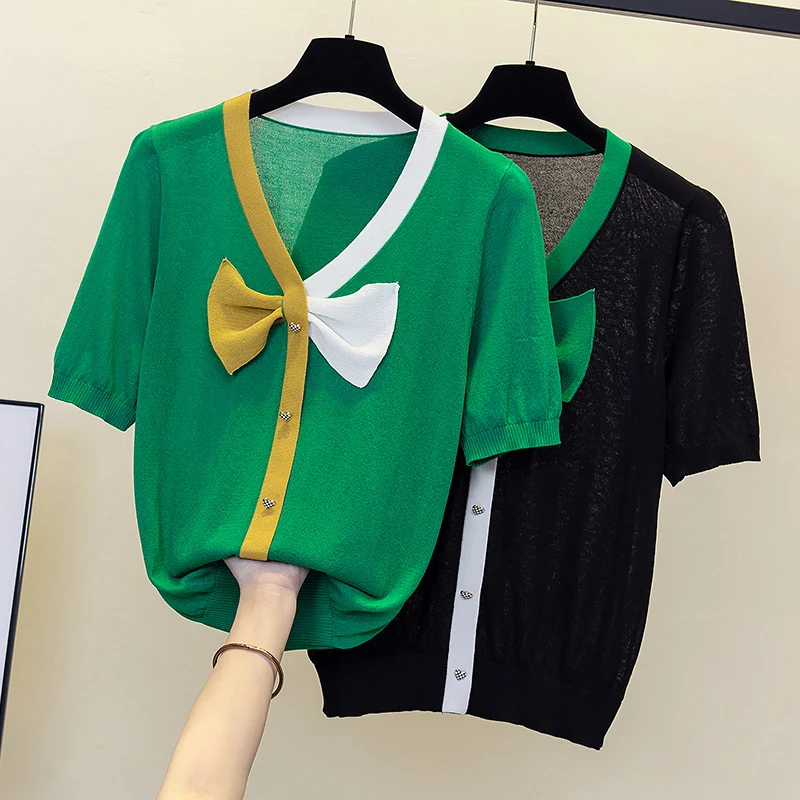 

Женский однотонный пуловер с бантом, свободный тонкий трикотажный топ с V-образным вырезом и коротким рукавом, в минималистском стиле, лето 2024