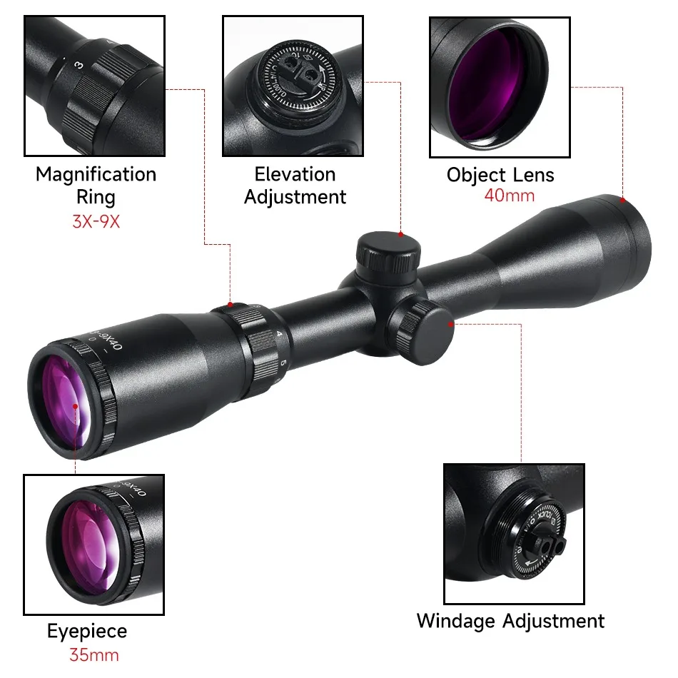Rifle Scope Tactical Magnifier Scope 3-9x40NG Purple Lens Anti Glare Tactical Rifle Scope HD Telescope Fits Long Range Shooting 11/20mm Rail Hunting Firearms Airsoft