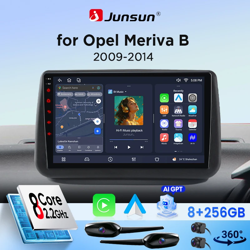 Radio de coche Junsun de 9 pulgadas con Android para Opel Meriva B 2009 2010 2011 2012-2014 con Canbus, CarPlay inalámbrico y Android Auto, pantalla táctil IPS HD, GPS, navegación, multimedia y 360. °   Reproductor Multimedia con Cámara Opcional, DSP, RDS, WiFi, Pantalla Dividida, Mirror Link, Bluetooth, Manos Libres 1