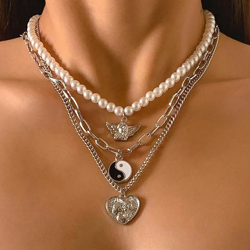 LMJNL Gioielli di Moda Color Oro Multistrato Catene collane di Perle Imitazione per Le Donne Regalo di Nozze Collana Sposa