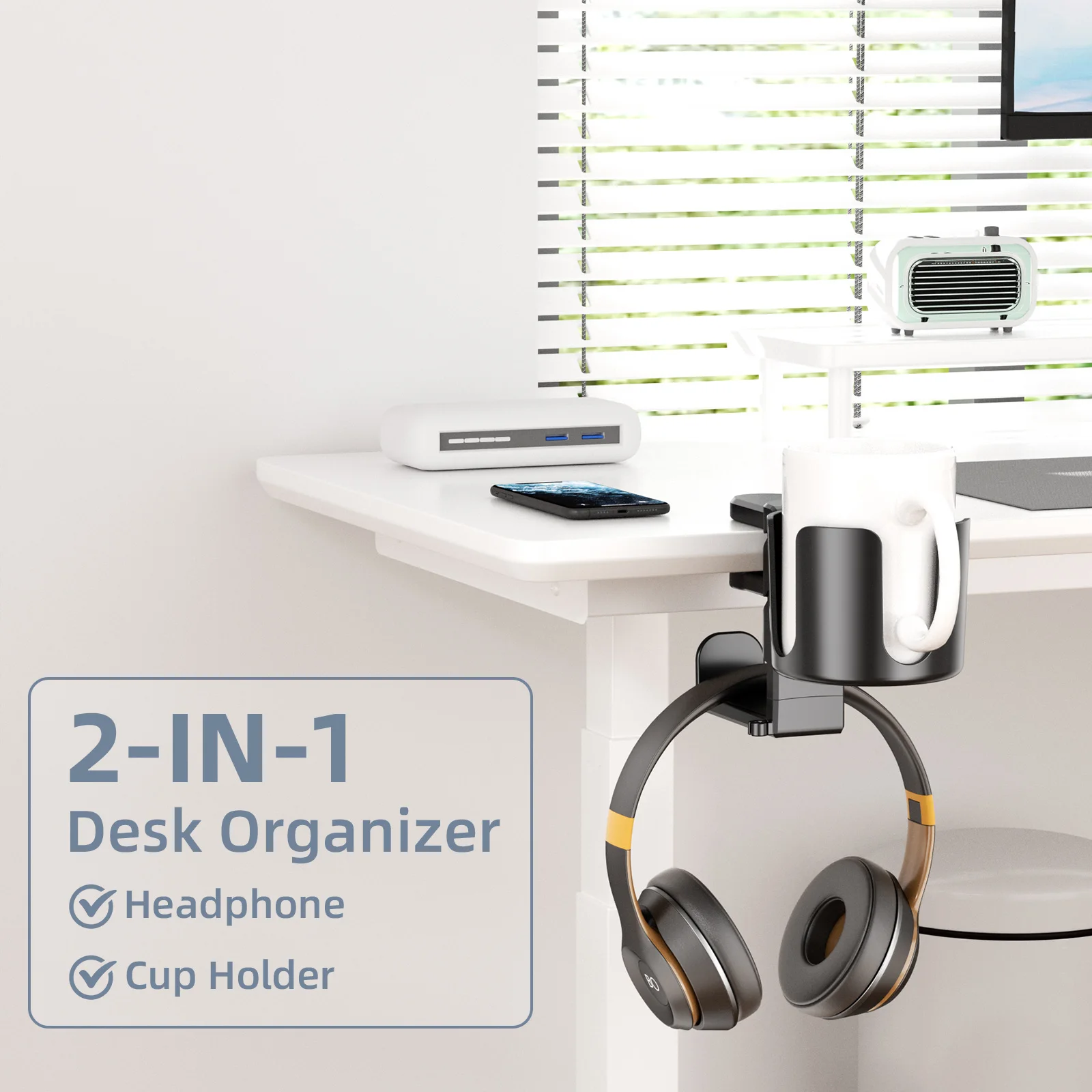 1PCS 2 in 1 Headphone & Cup Holder Table Edge Adjustable Stable Stand Game Sports Headset Mount Beverage Storage for Home Use