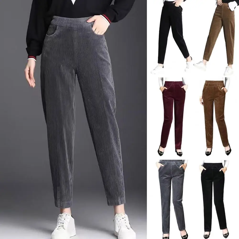 

Straight Leg Corduroy Pants Cozy Plush Wide Leg Women's Pants with High Elastic Waist Pockets for Fall Winter Soft for Casual