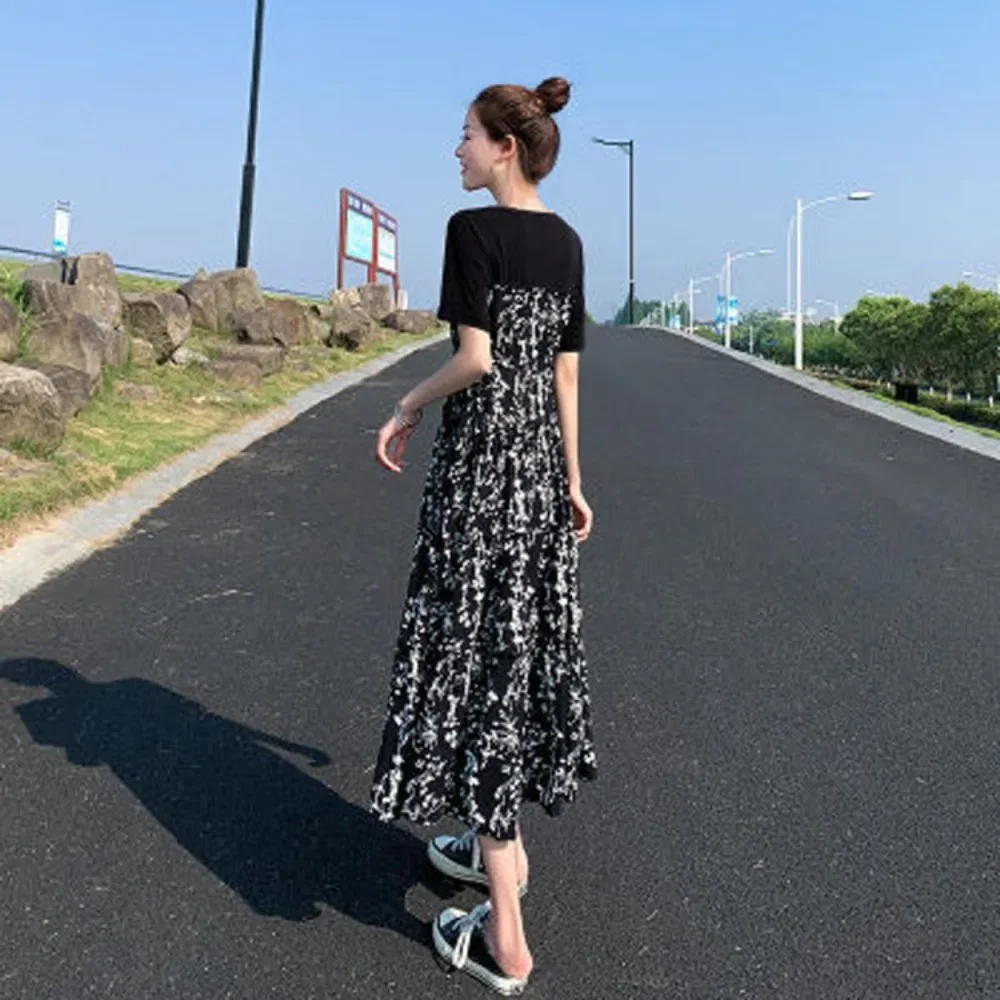 New Summer Korean Version Elegant and Loose Floral Dress Short Sleeved Printed Patchwork Bandage for Women's Long Dress 원피스