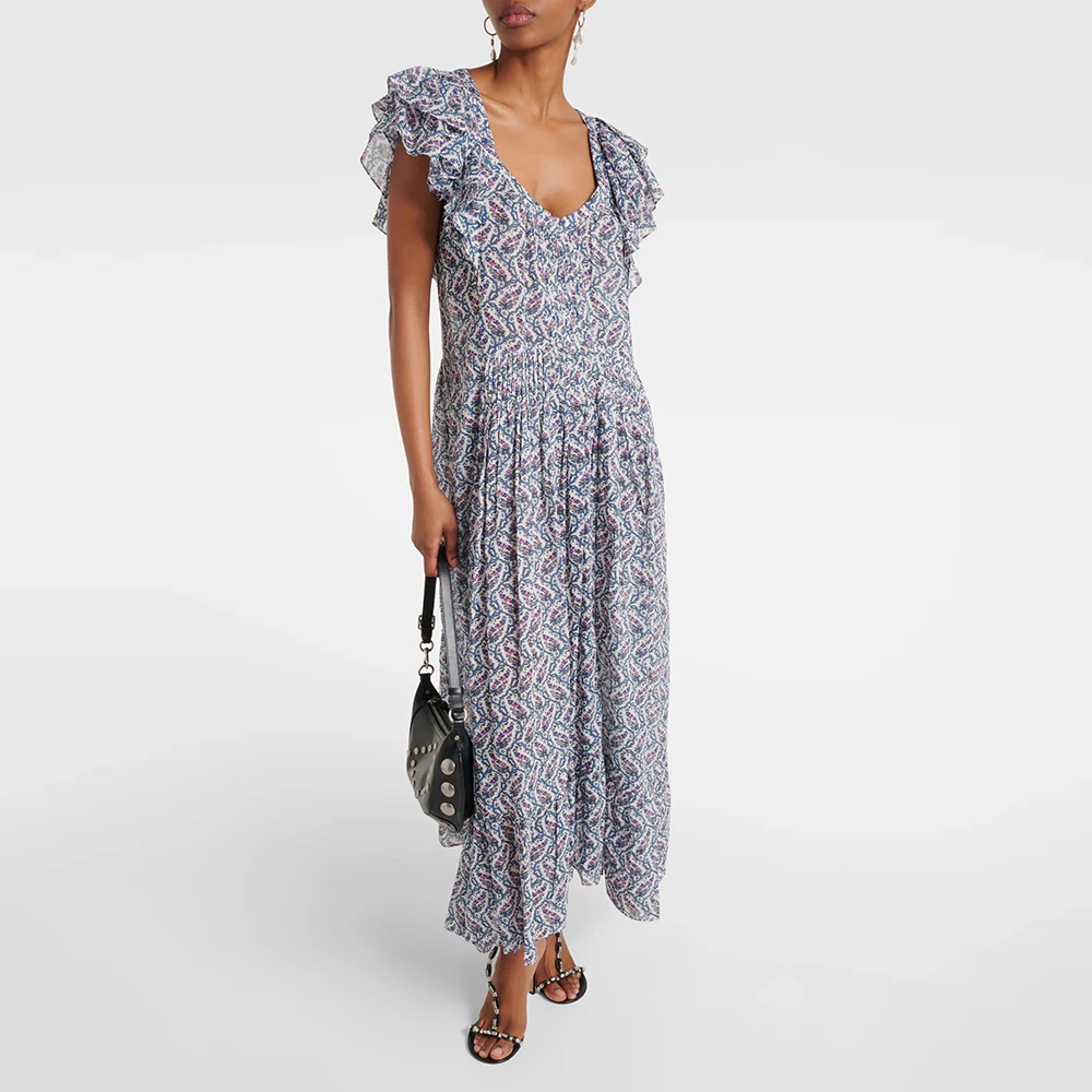 

Women's Printed Layered Ruffle Shoulder Pleated Slim Dress, Temperament Commuter, Long Dresses, New Fashion, Summer, Y2k, 2024