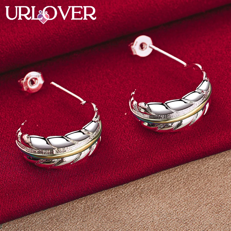 

URLOVER 925 Sterling Silver Earring For Woman Golden Feathers Stud Earrings Lady Fashion Party Birthday Wedding Jewelry Gifts