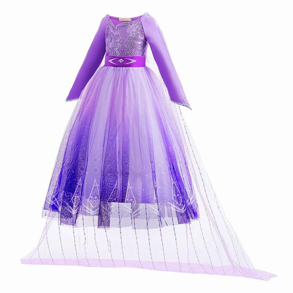 Halloween Princess Elsa Cosplay Purple Dress Girl Sequins Mesh