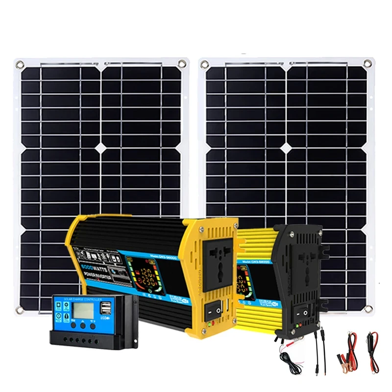 Inverter 6000W Solar Panel 2*300W 12V Portable Solar Generator Power Bank 30A Controller Kit for Home Camping Station