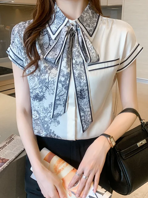 Satin Loose Large Size Women Blouse Summer New Casual Fashion Short Sleeve Top Stitching Bow Collar Shirt Photo Color