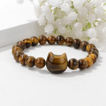 Tiger Eye Cat Head Carved Bracelet Natural Stone Quartz Agate Beads Jewelry for Women & Men