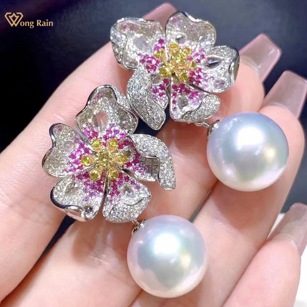 Wong Rain 925 Sterling Silver 9-12 MM Natural Pearl High Carbon Diamond Gems Drop Earrings Customized Jewelry Anniversary Gifts