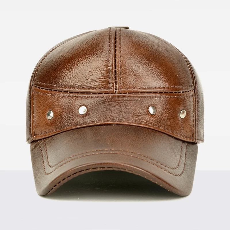 New 2025 Man High Quality Real Leather Baseball Caps Male Casual Cowhide Belt Ear Warm 56-60cm Adjustable Sprot Flight Hats 2
