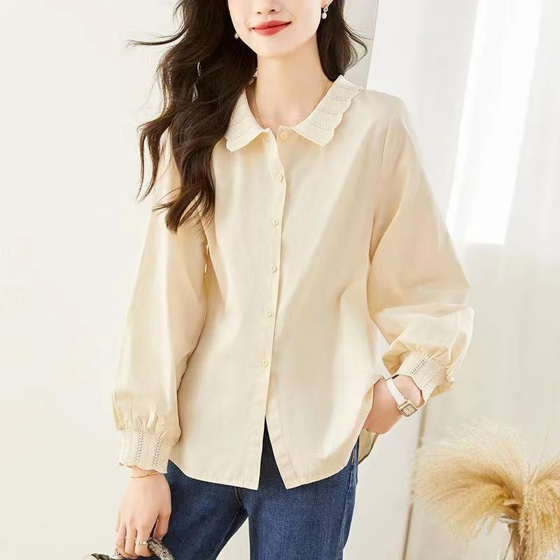 Autumn Elegant Fashion Peter Pan Collar Solid Color Stylish Gentle Button Long Lantern Sleeve Basic Loose Casual Young Style Top