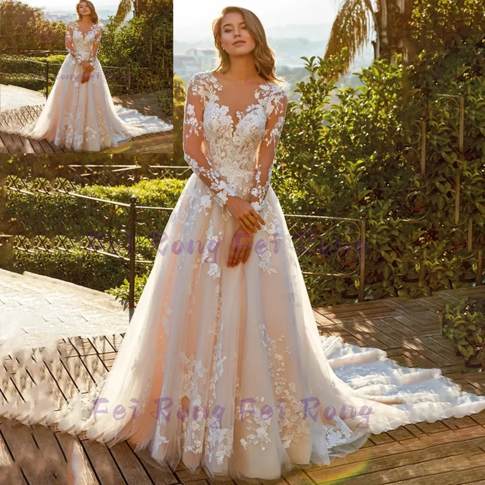 

Exquisite A-line Wedding Dress Full Sleeves Court Train O-neck Buttons Vestido De Novia Bridal Gown De Mariée Custom 2023