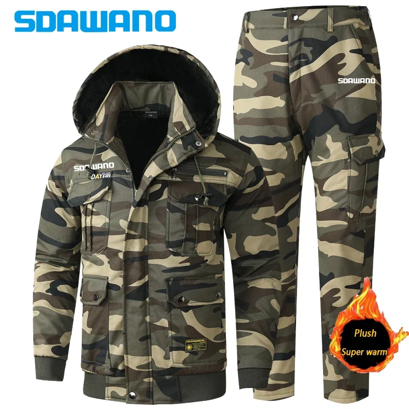 Men's Sets Winter Jackets and Pants Thicken Fluff Lining Warm Puffer Fishing Suits Outdoor Pants Windproof Climbing Ski 2 Pcs