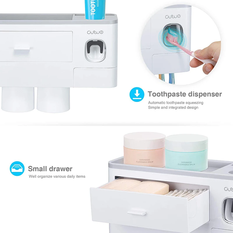 WIKHOSTAR Magnetic Adsorption Inverted Toothbrush Holder Automatic Toothpaste Dispenser Storage Rack Bathroom Accessories Set