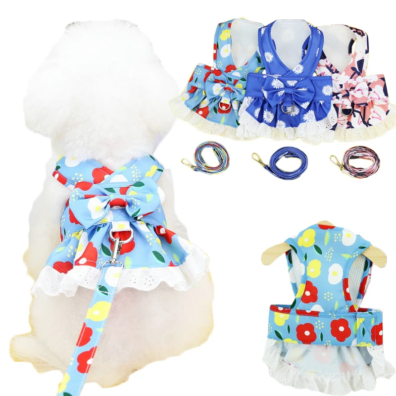 

Mesh Dog Harness Vest Flower Pattern Girls Puppy Harness Dress Leash Set Skirt Dog Accessory Outdoor Walking Leads Pet Suppliers