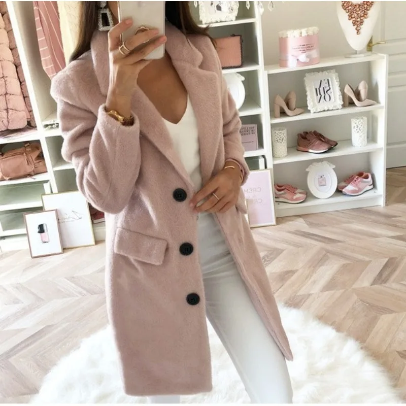 

Wepbel Autumn Thin Wool Jackets Women Suit Collar Mid-Length Double Breasted Woolen Coat Long Sleeve Solid Color Bleads Coats
