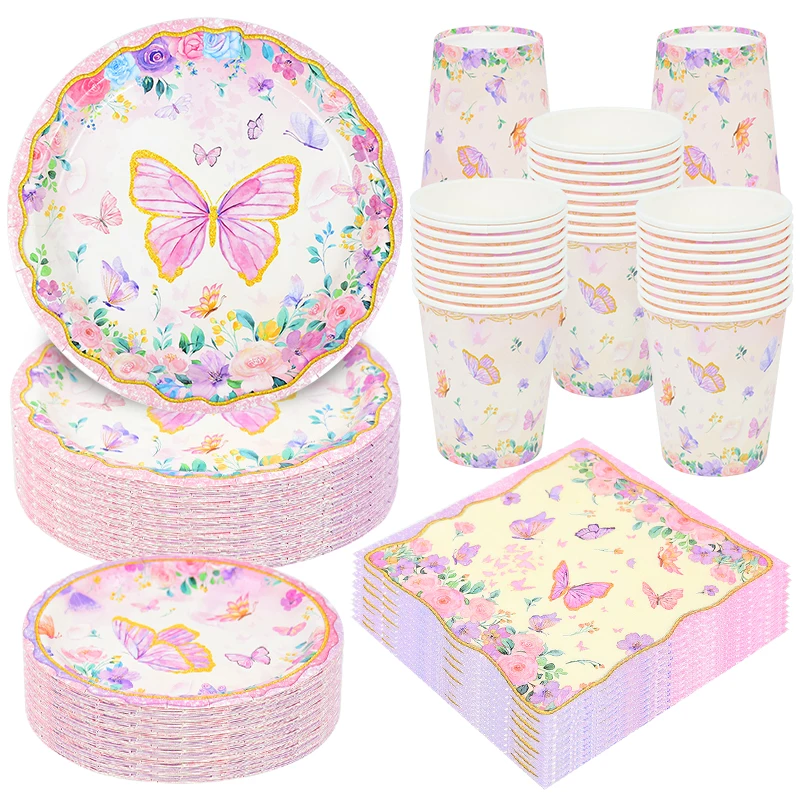 

Butterfly Disposable Tableware Set Paper Plates Cup Napkin Butterfly Theme Birthday Party Decoration Supplies Baby Shower Decor