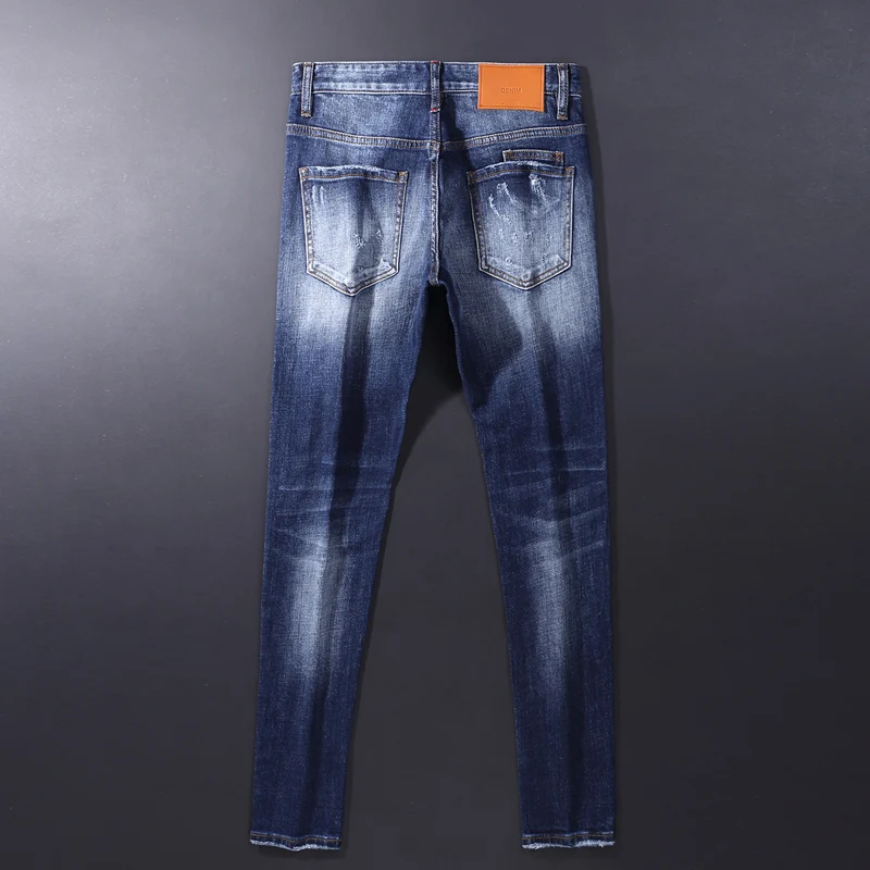 Street Fashion Men Jeans Retro Blue Zipper Designer Slim Ripped Jeans Men Wrinkle Patched Designer Hip Hop Brand Pants Hombre