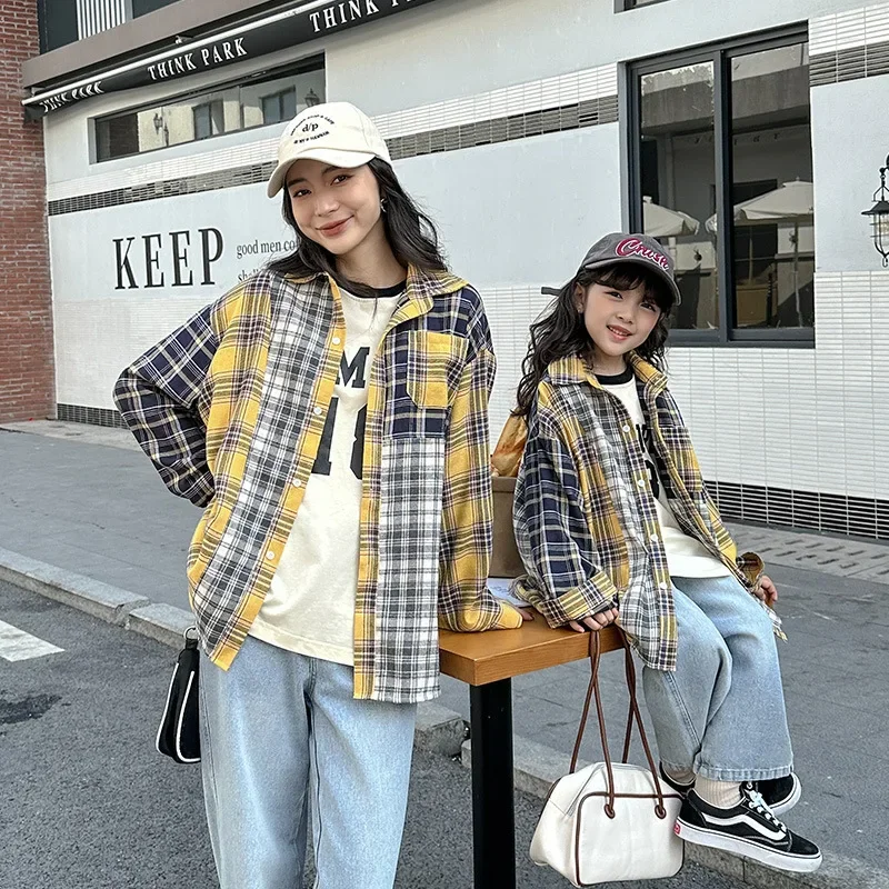 

Spring Autumn mom and girls fashion plaid patchwork shirts retro style cotton family matching long sleeve shirt