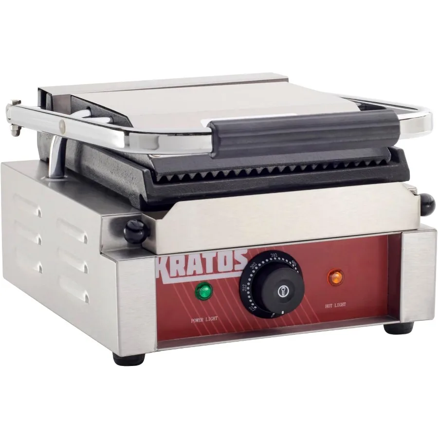 Commercial Electric Panini Sandwich Grill with Grooved Top and Smooth Bottom Plates for Perfect Toasted Sandwiches 9 x 9 Large