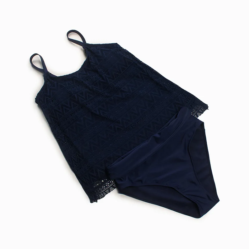 Plus Size Swimwear Women Black Tankini Tummy Control Swimwear Tank Top Retro Solid Swimsuit with Shorts Two Piece Bathing Suit