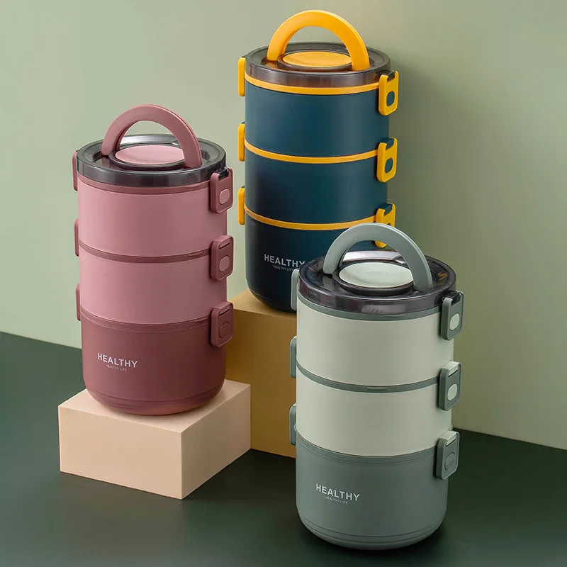 

304 stainless steel layered insulation lunch box microwave students round double bento box