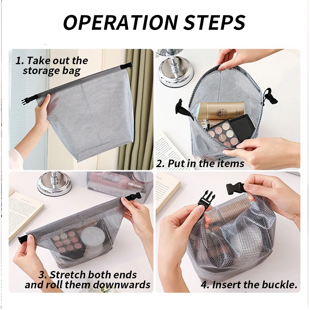 Waterproof Mesh Toiletry Bag - Drawstring Cosmetic Organizer with Quick-Release Buckle and Transparent Travel Pouch