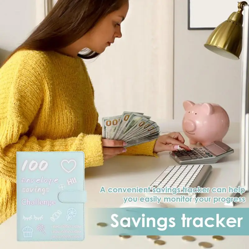100 Envelope Savings Challenge Binder Waterproof Faux Leather Money Saving Challenge Book Portable A5 Binder Budget Planner Mone