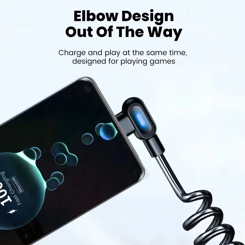 Retractable Coiled USB-C Cable, 6A Quick Charge, 90-Degree Spring Design