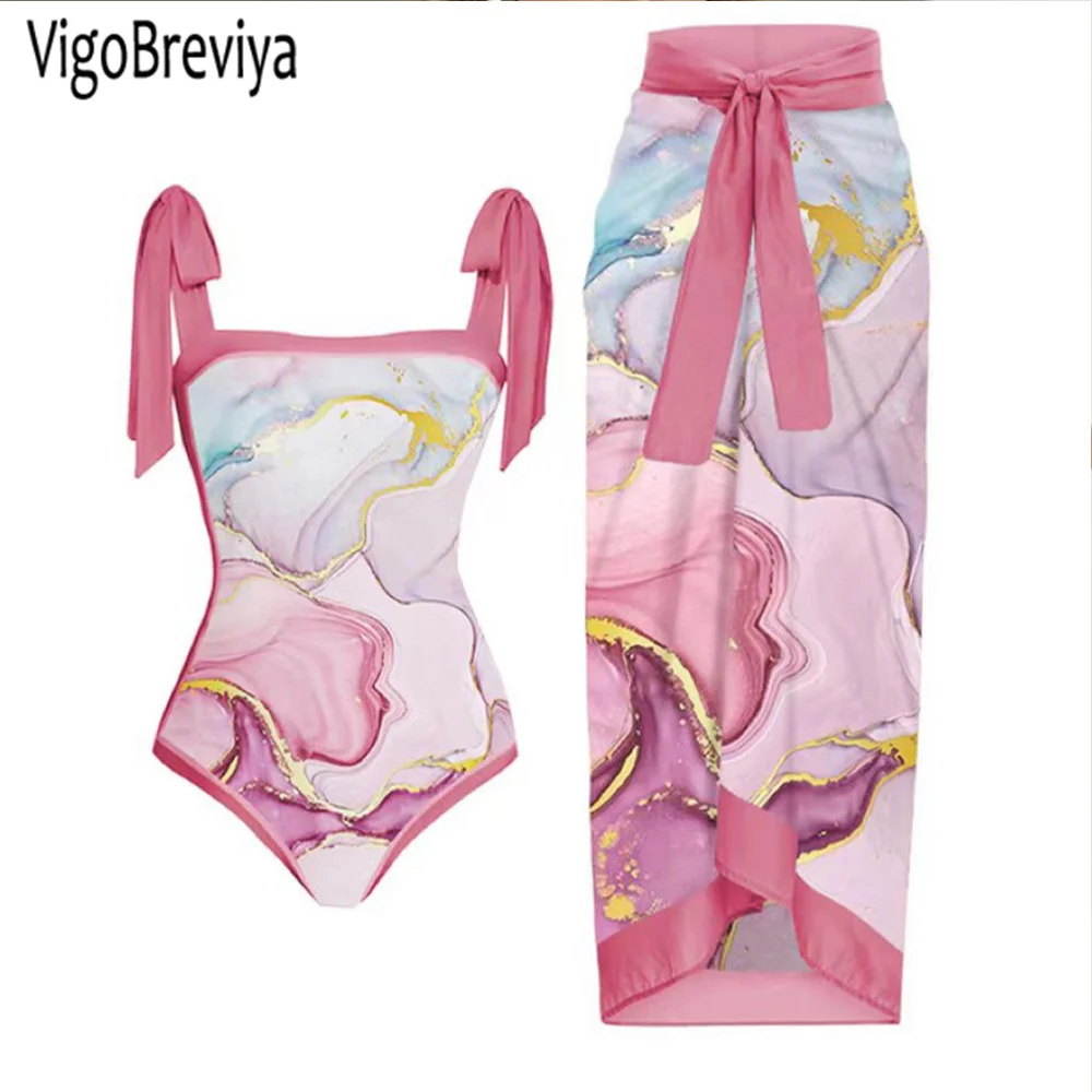 

VigoBeviya 2023 Pink Print Strapped 2 Piece Swimwear Women Sexy Push UP One Piece Swimsuit Monokini Tied Skirt Bathing Suit