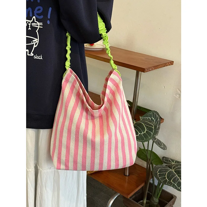 Niche Striped Canvas Bag For Women 2025 New Large Capacity Shoulder Bag Lazy Style Contrasting Color Artistic Handbag