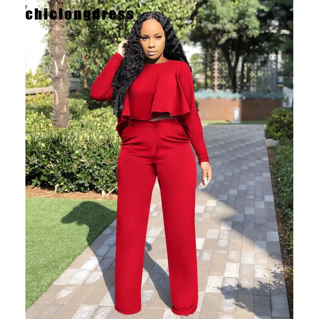 Elegant Work Wear Two Piece Set Autumn Women Clothes Ruffles Crop Top Wide Leg Pants Suits Matching 2pcs Sets Outfits Women