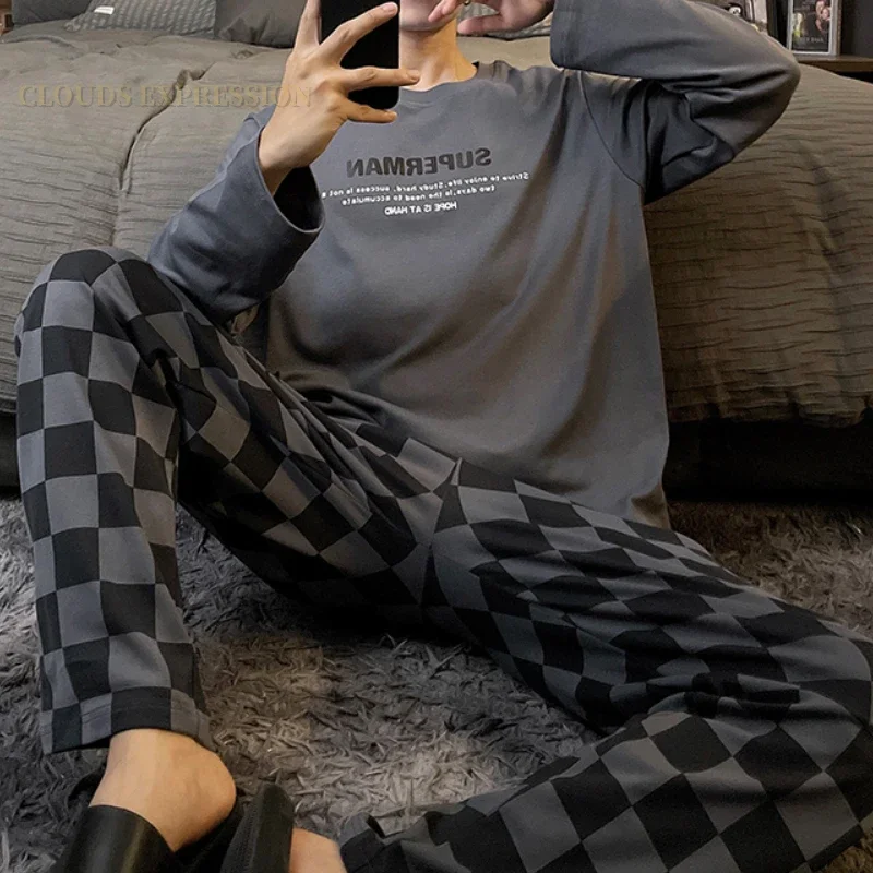 Spring Autumn Knitted Pjs Full-length Men's Pajama Sets Male Pajamas Plaid Loungewear For Masculine Sleepwear Home PJ Clothing