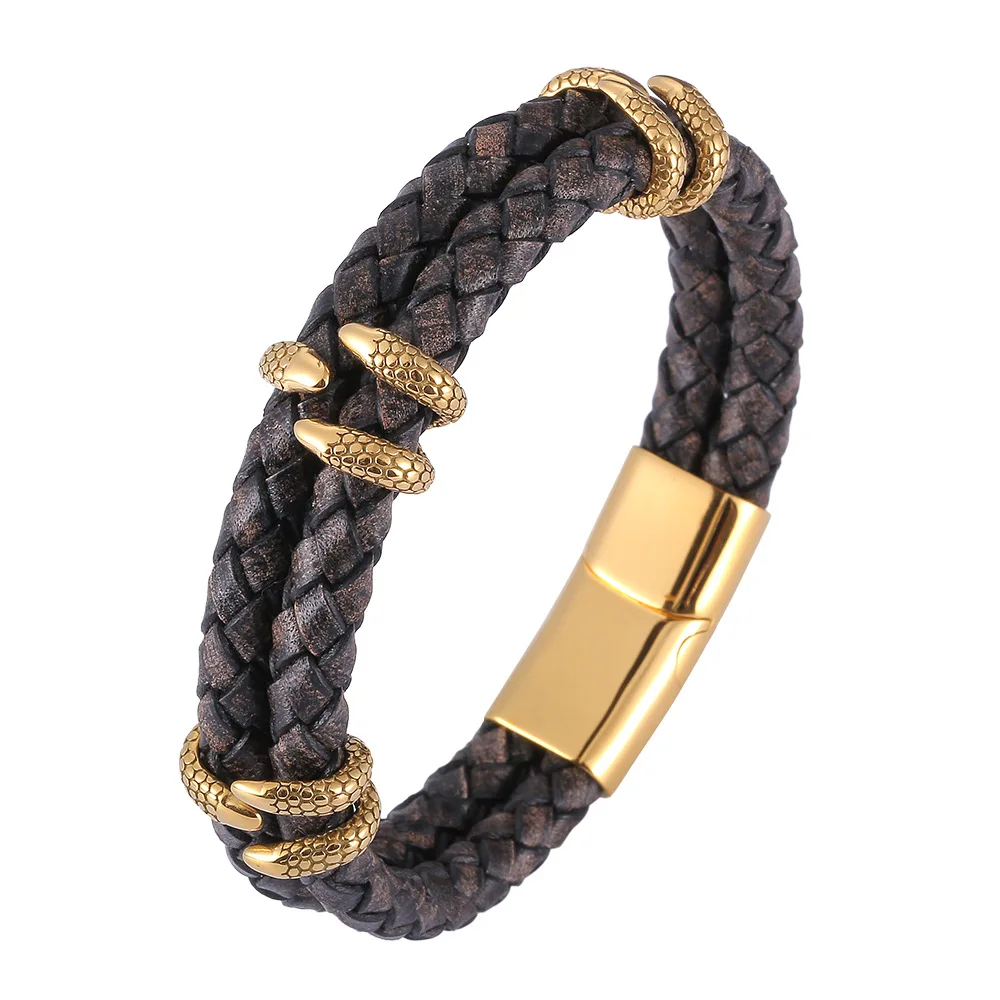 

18K Gold-plated Titanium Steel Eagle Claw Double-layer Leather Bracelet Sailor Rope Men's Bracelet Couple Bracelet