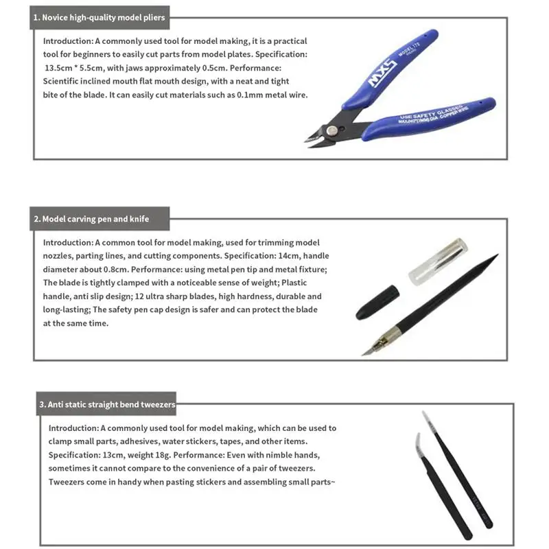 7PCS Novice Model Tool Set with Pen Knife Water Mouth Pliers, Polishing Tweezers, Engraving lines for Hobby Model Craft DIY Kit 4