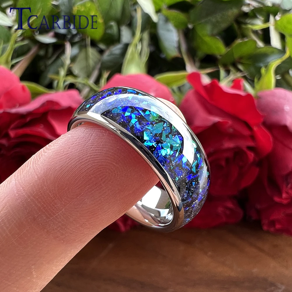 Very Beautiful Bright Opal Ring 8mm Men Women Tungsten Engagement Wedding Band Domed Polished Comfort Fit 6