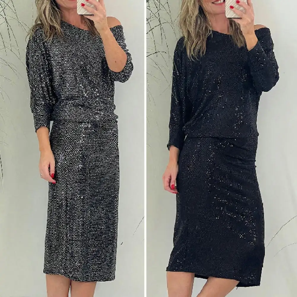 

Lightweight Midi Dress Elegant Sequin One Shoulder Midi Dress for Women Solid Color Soft Party Clubwear with Long for Special