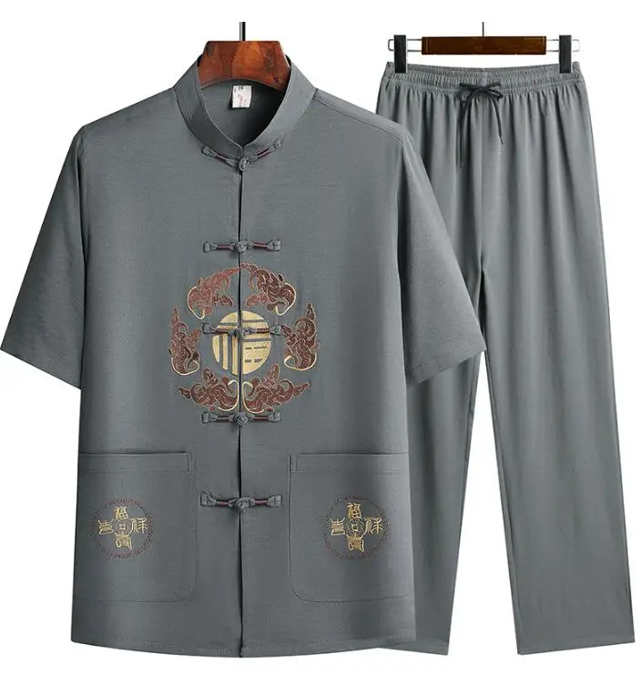 

Chinese Traditional Embroidery Tang Suit Kung Fu Short Sleeve Clothing Set Summer Men